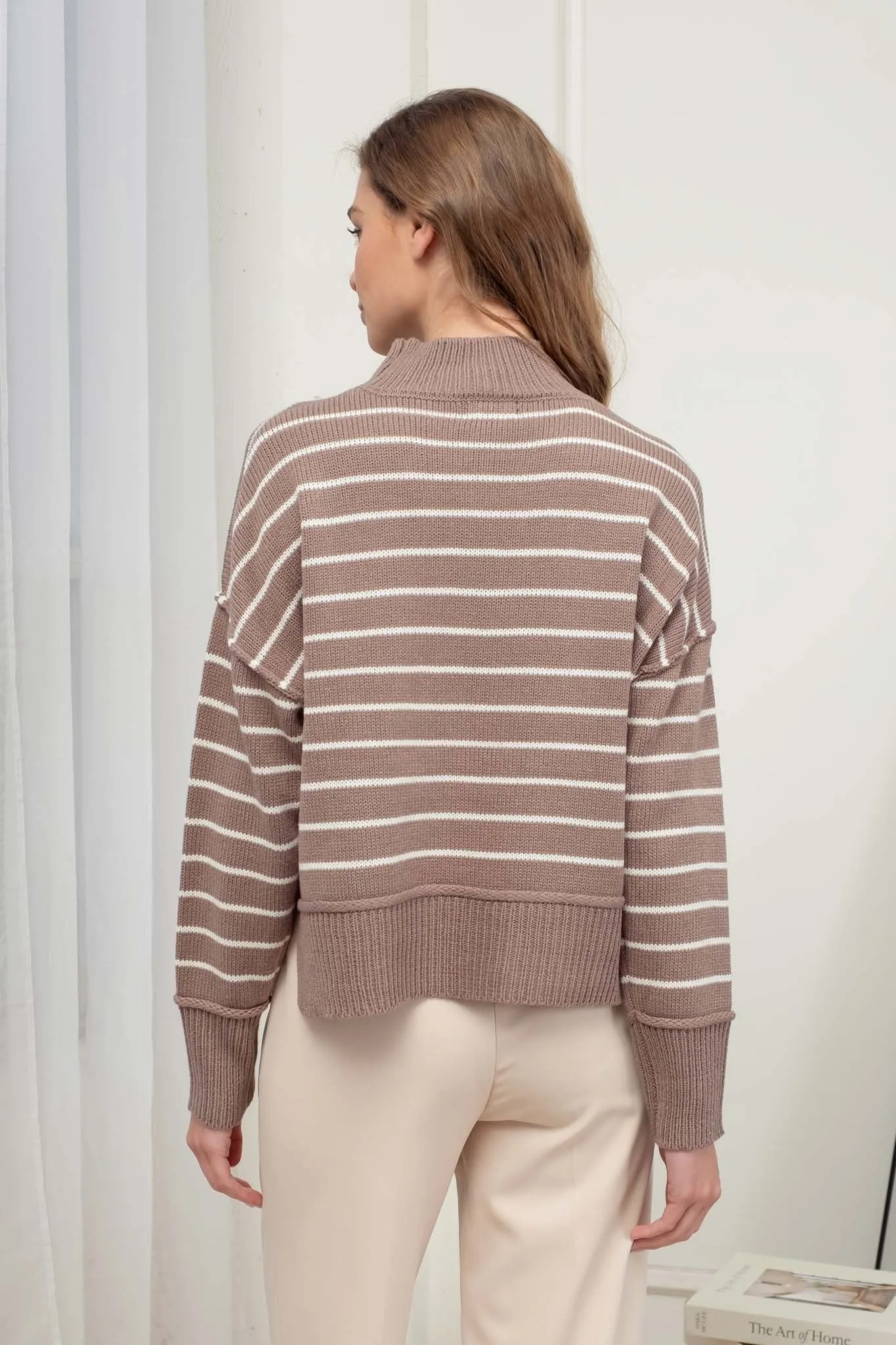 Large Mock Neckline Stripe Pullover Sweater