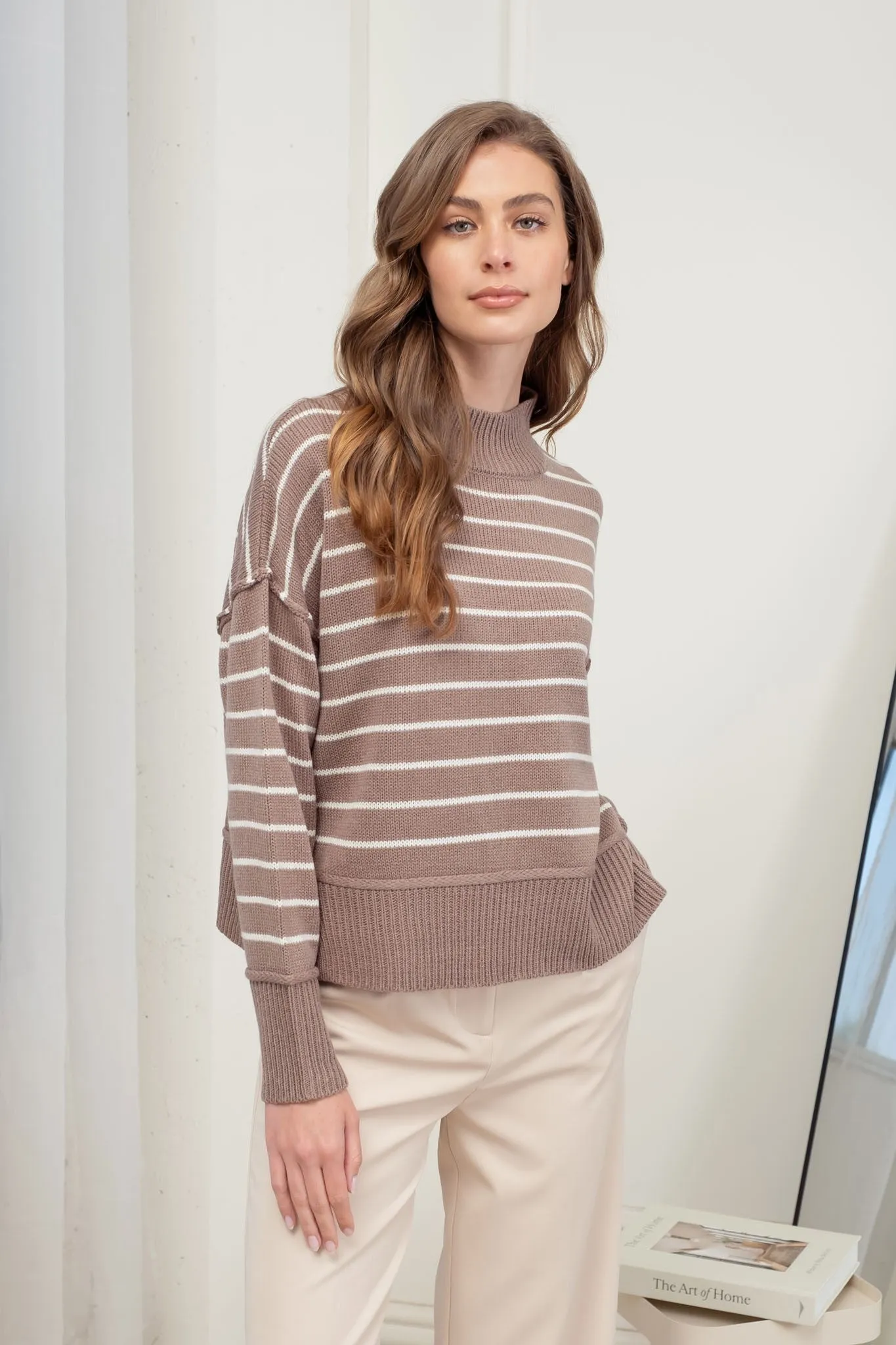 Large Mock Neckline Stripe Pullover Sweater