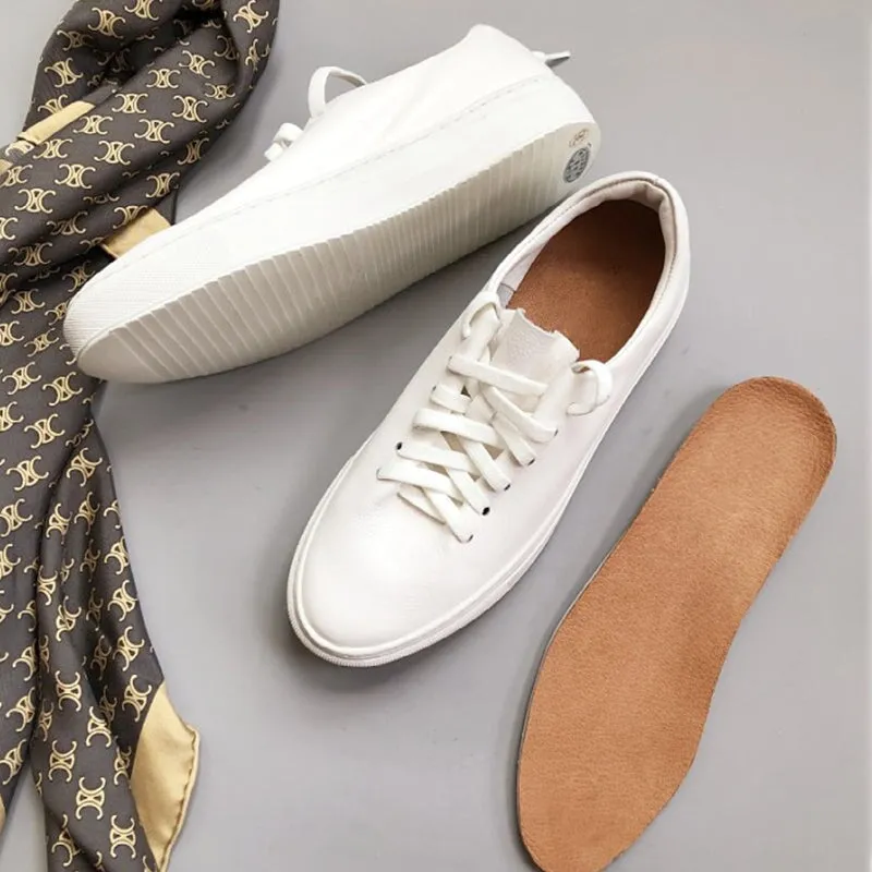 Leather Flat Sneakers for Women Low-top Lace Up for Spring/Summer/Fall in White/Khaki