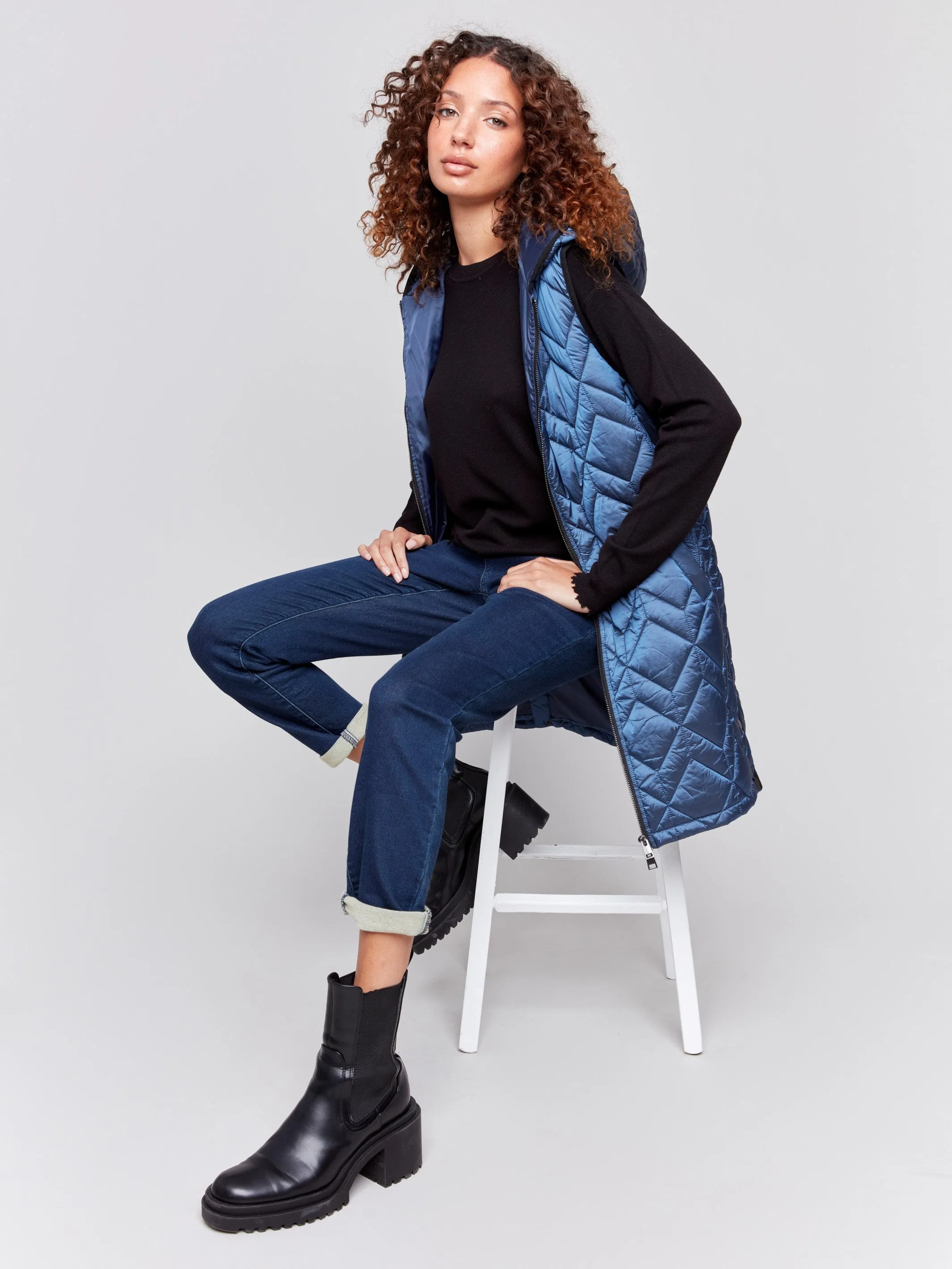 Long Quilted Puffer Vest with Hood - Glacier