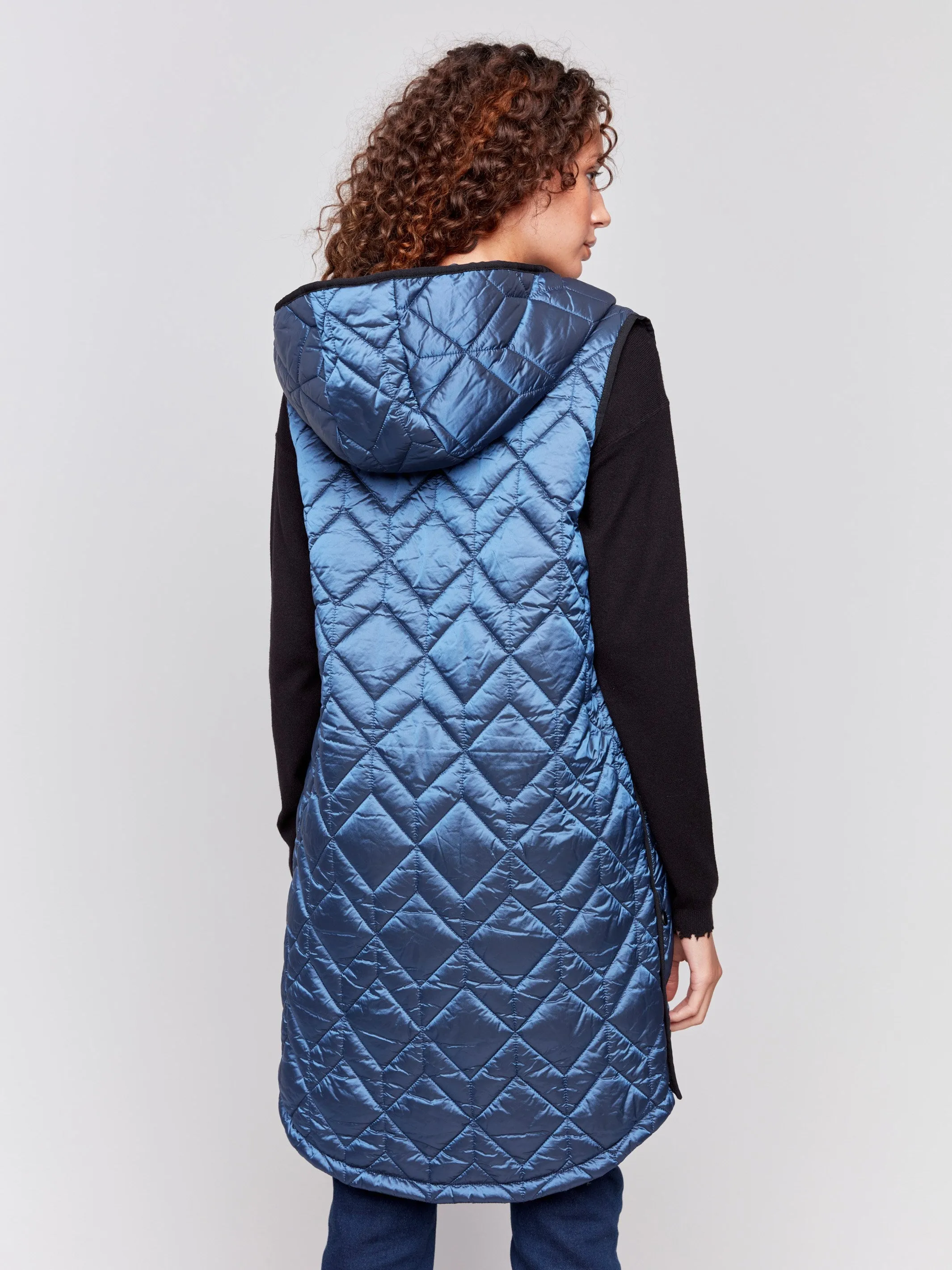 Long Quilted Puffer Vest with Hood - Glacier