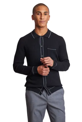 Long Sleeve Full Button Tipped Polo Sweater, Onyx Black