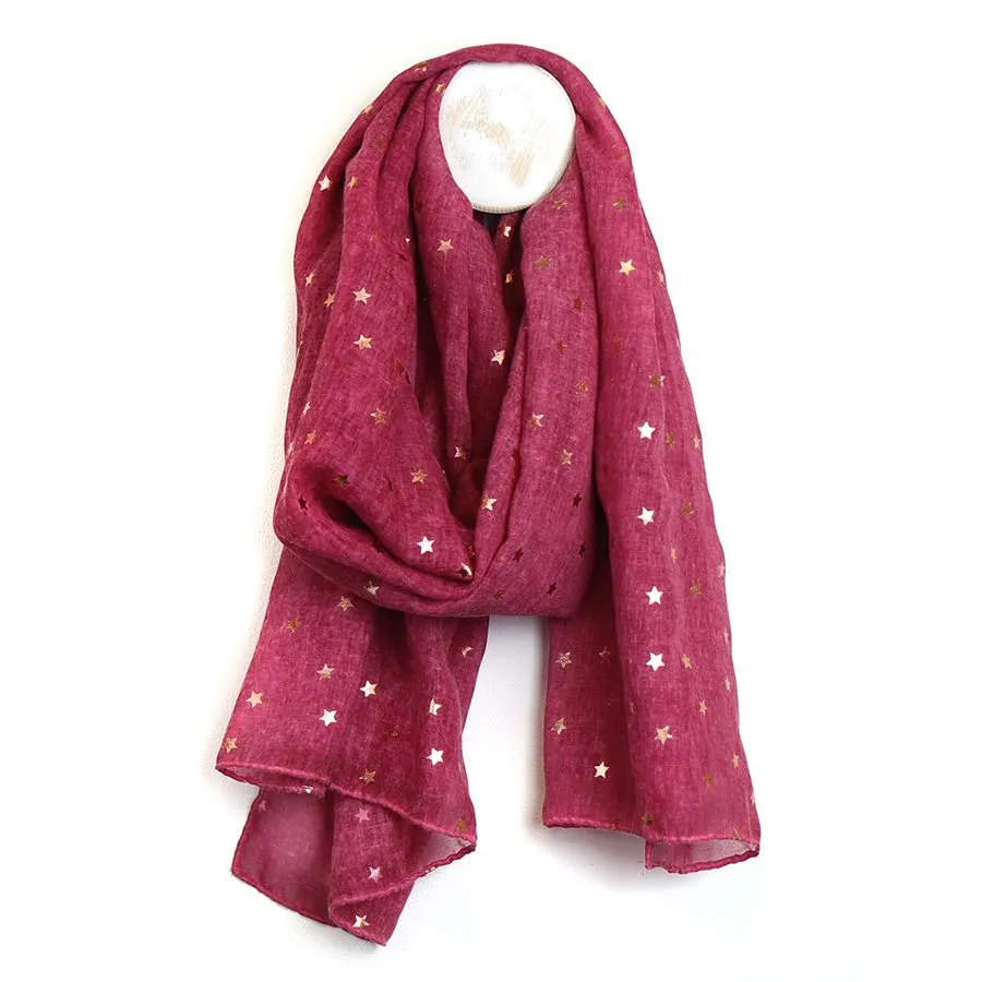 Magenta Washed Recycled Polyester Scarf With Gold Stars