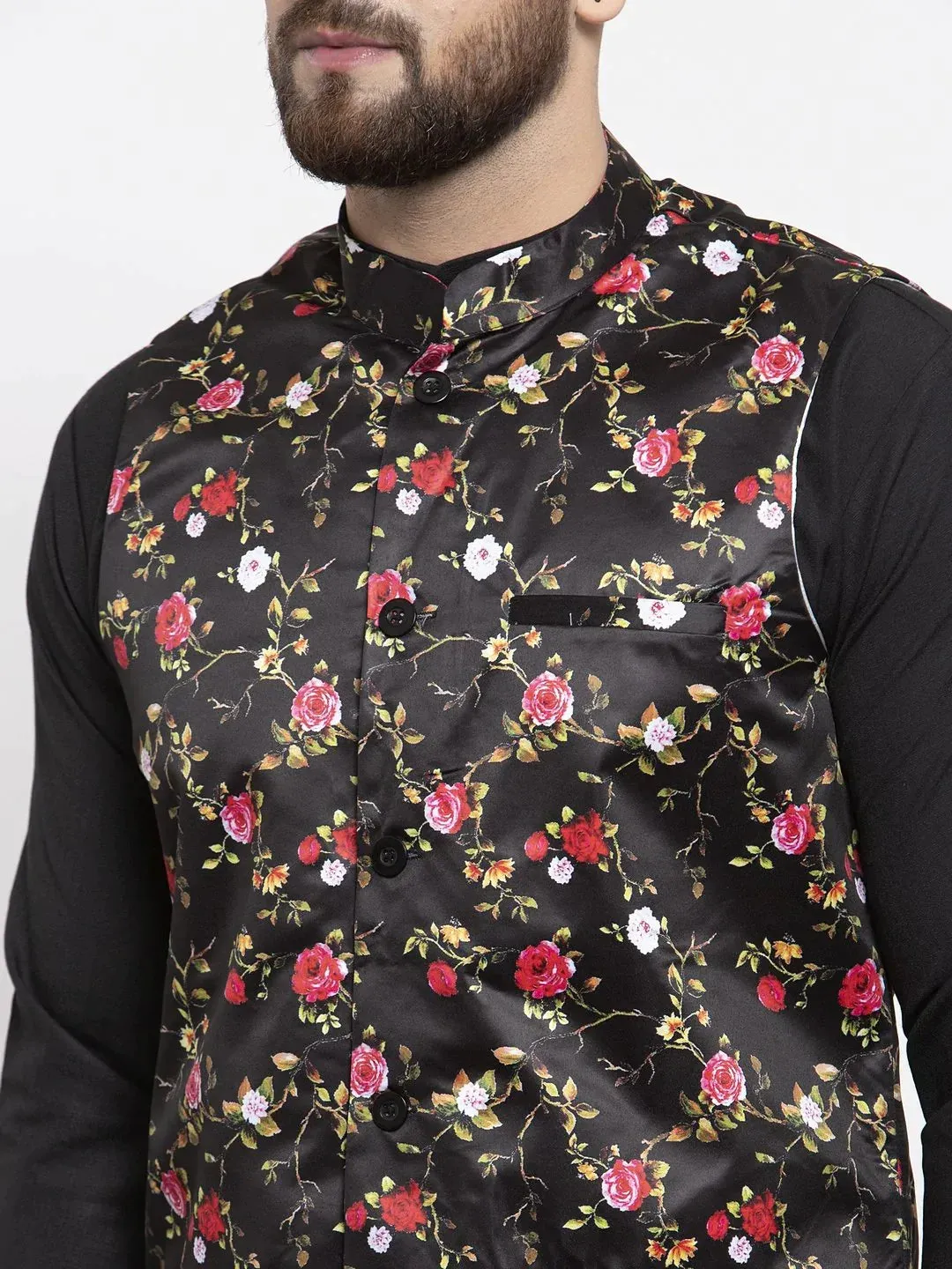 Men Black Printed Satin Nehru Jacket