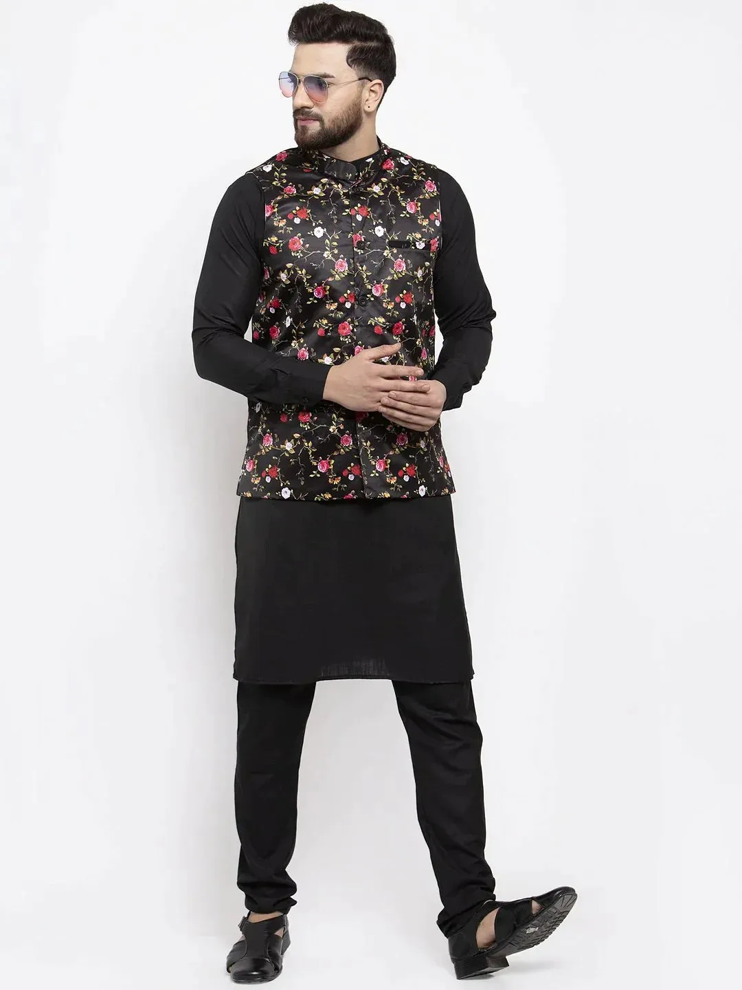 Men Black Printed Satin Nehru Jacket