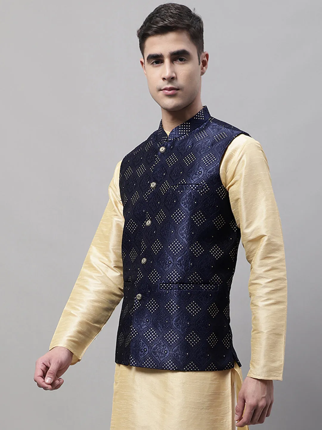 Men Navy Blue Woven Design Waistcoats