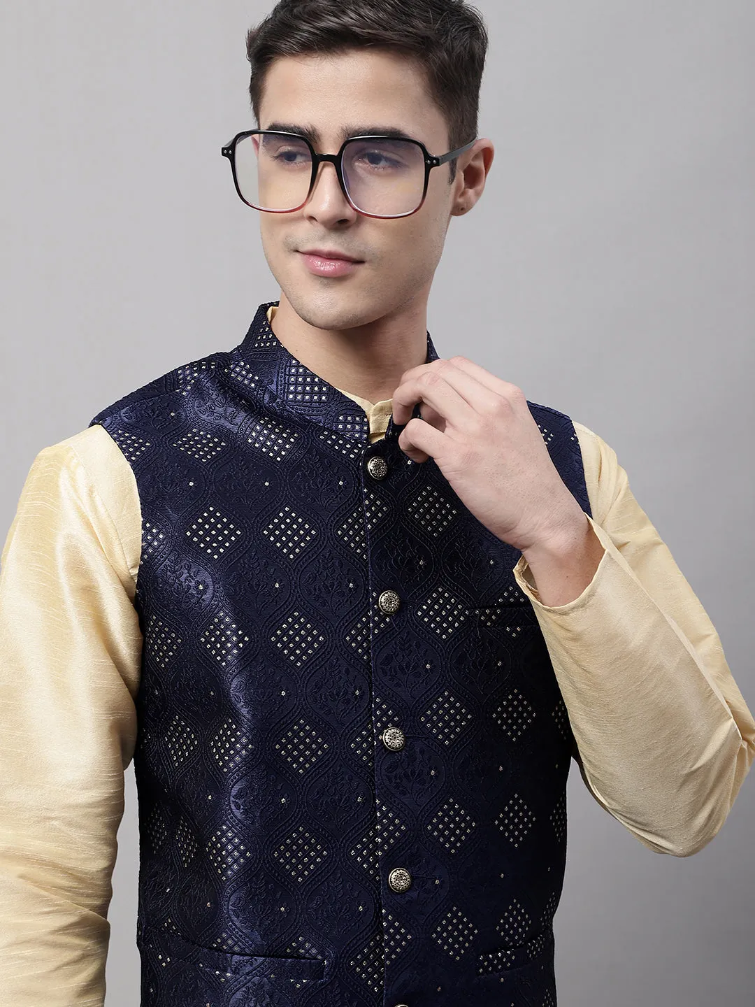 Men Navy Blue Woven Design Waistcoats