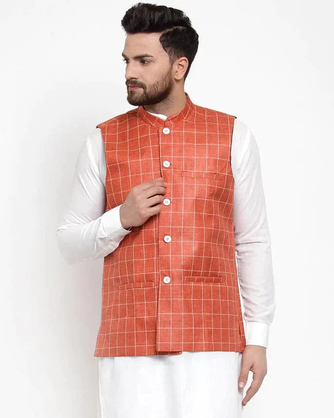 Men Peach Checked Nehru Jacket