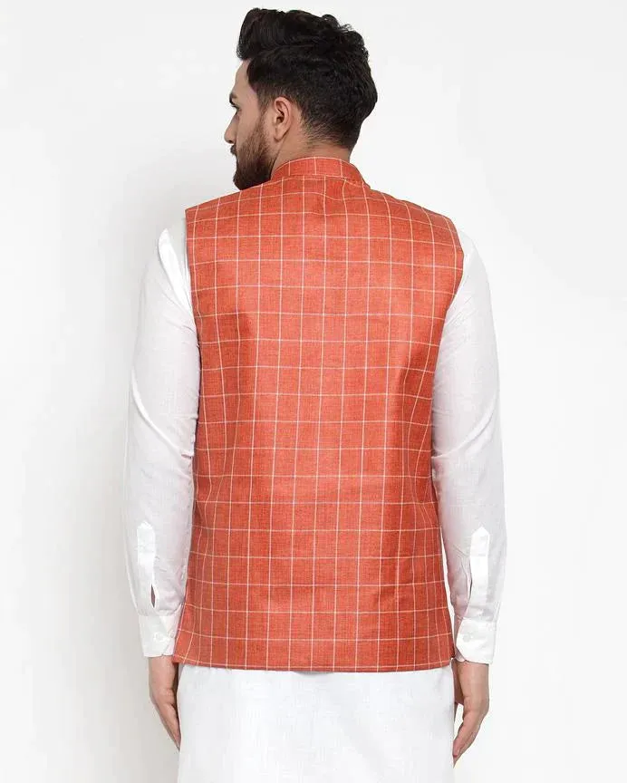 Men Peach Checked Nehru Jacket