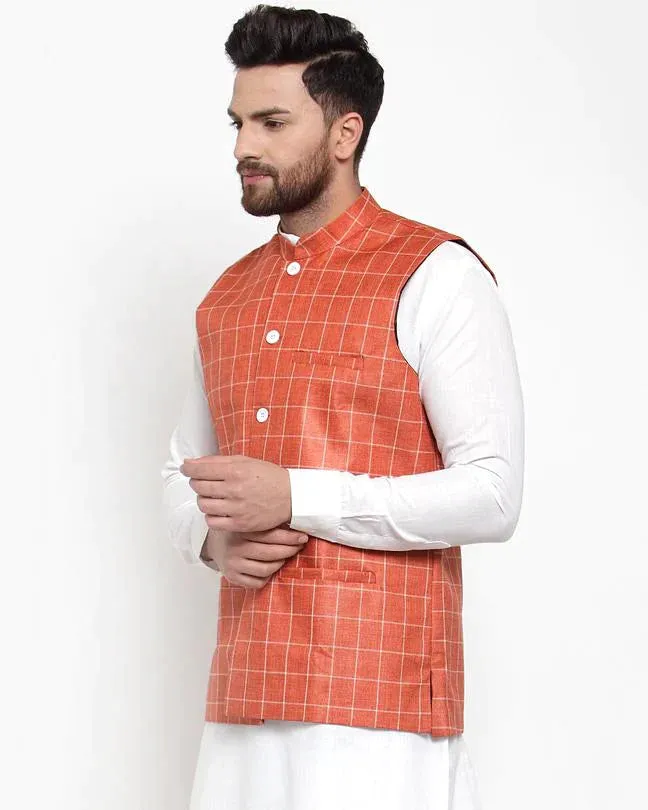 Men Peach Checked Nehru Jacket