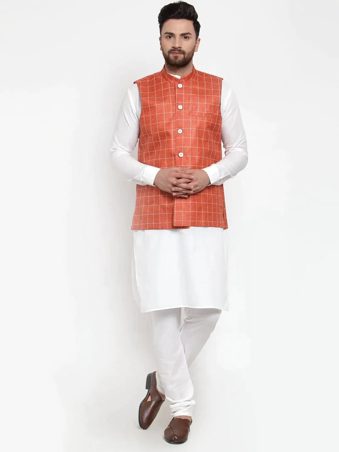 Men Peach Checked Nehru Jacket