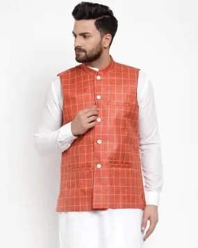 Men Peach Checked Nehru Jacket