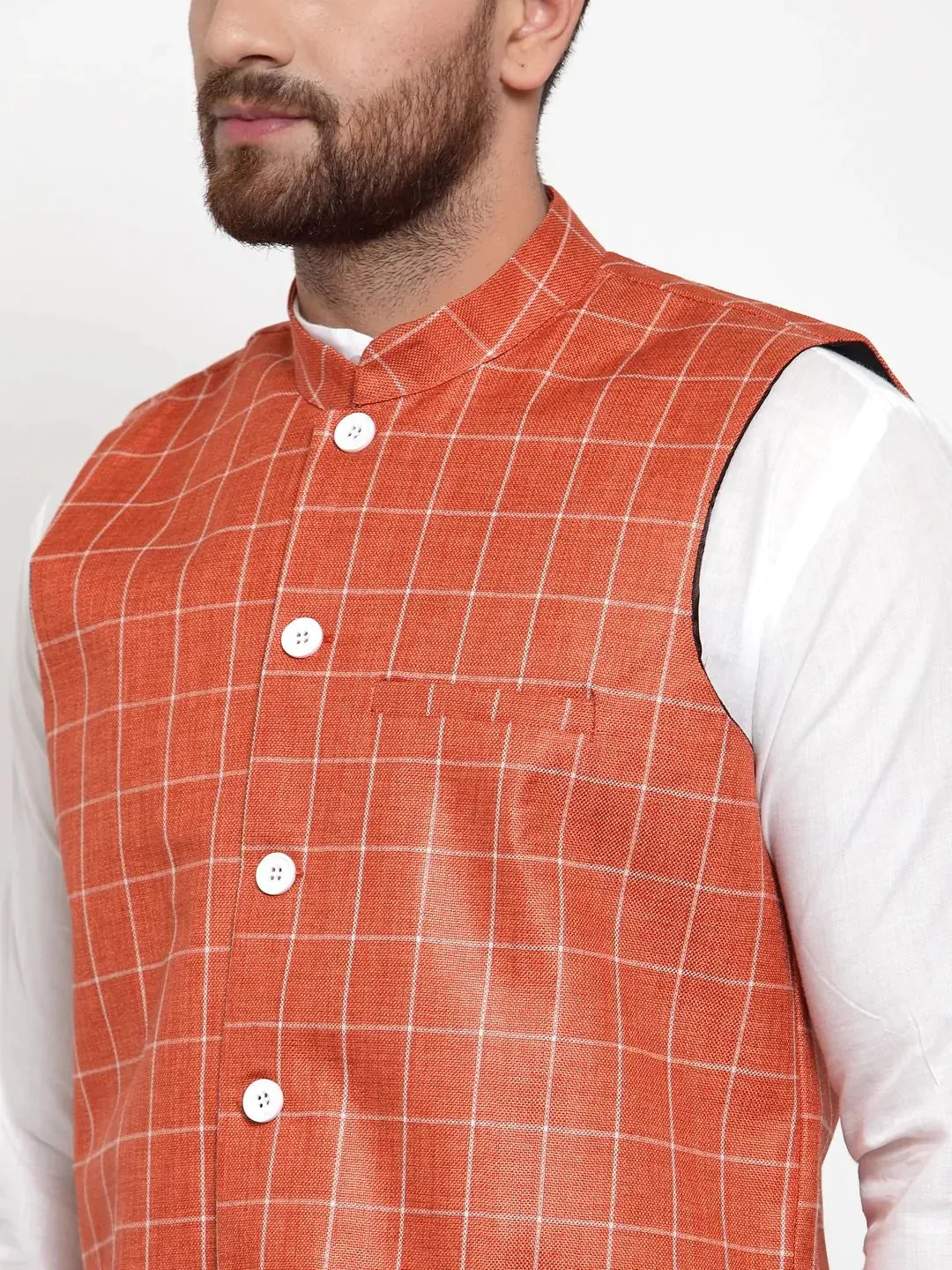 Men Peach Checked Nehru Jacket