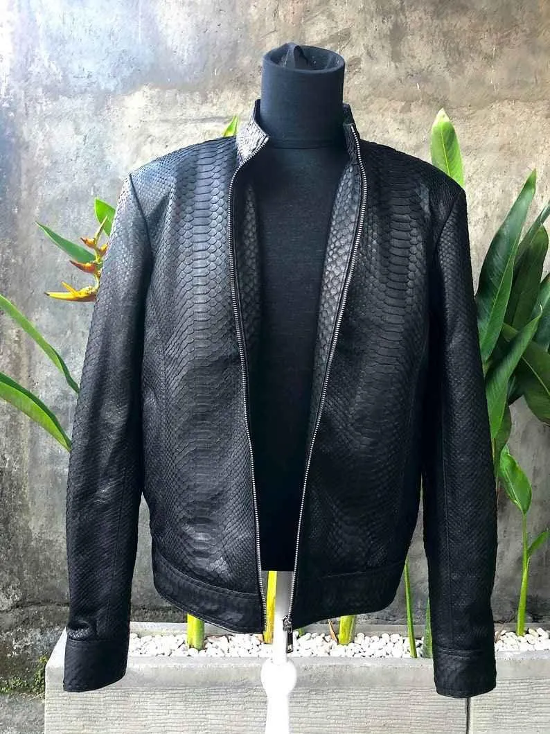 Mens Black Snake Style Sheep Leather Jacket