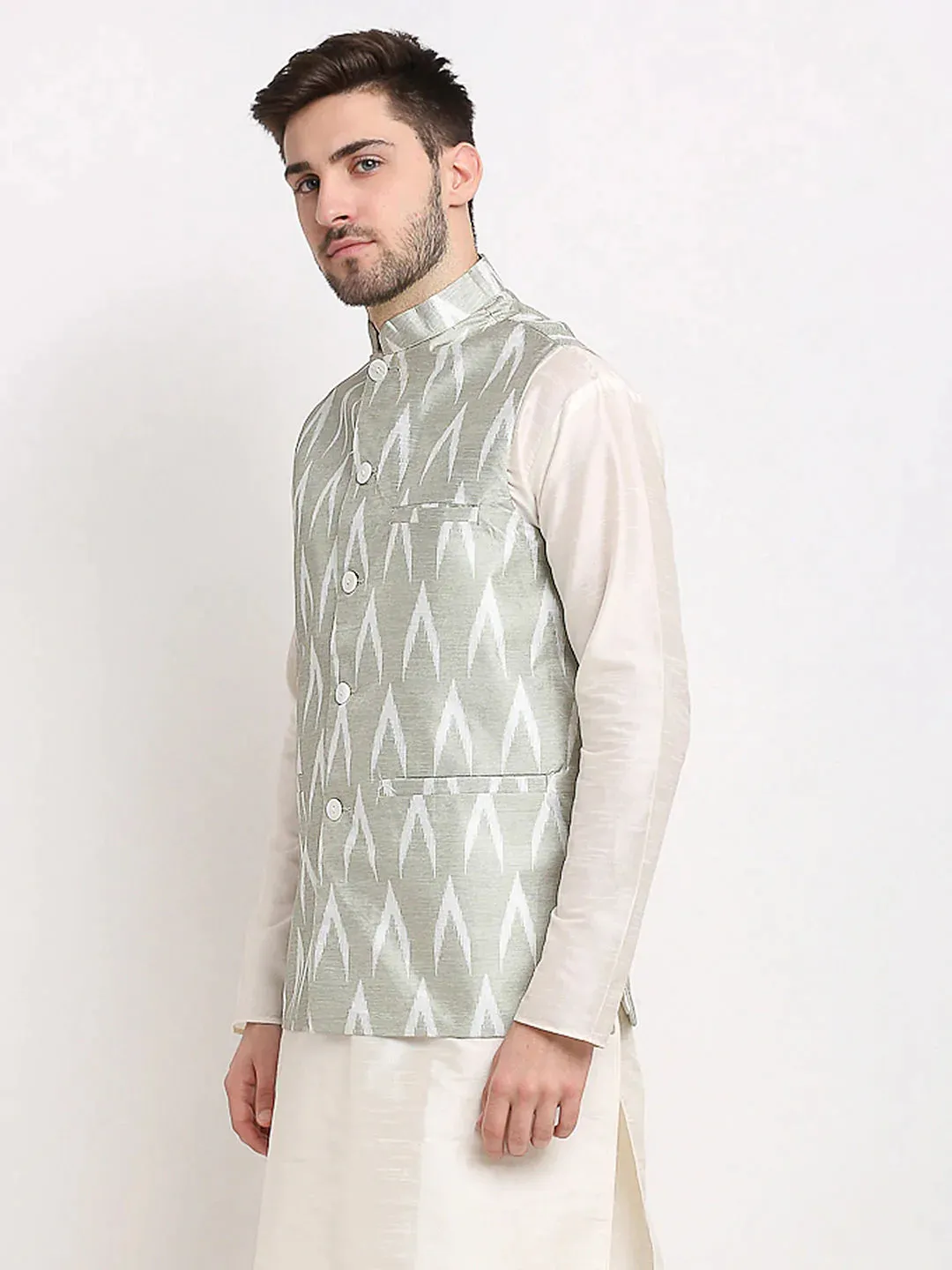 Men'S Grey Ikat Printed Nehru Jacket