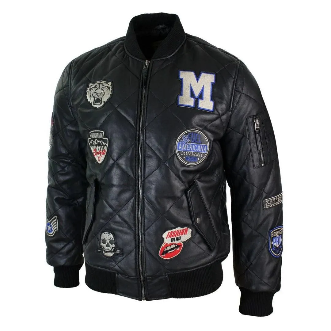 Mens Real Lether Quilted Puffer Varsity Baseball Bomber Letterman Jacket Badge