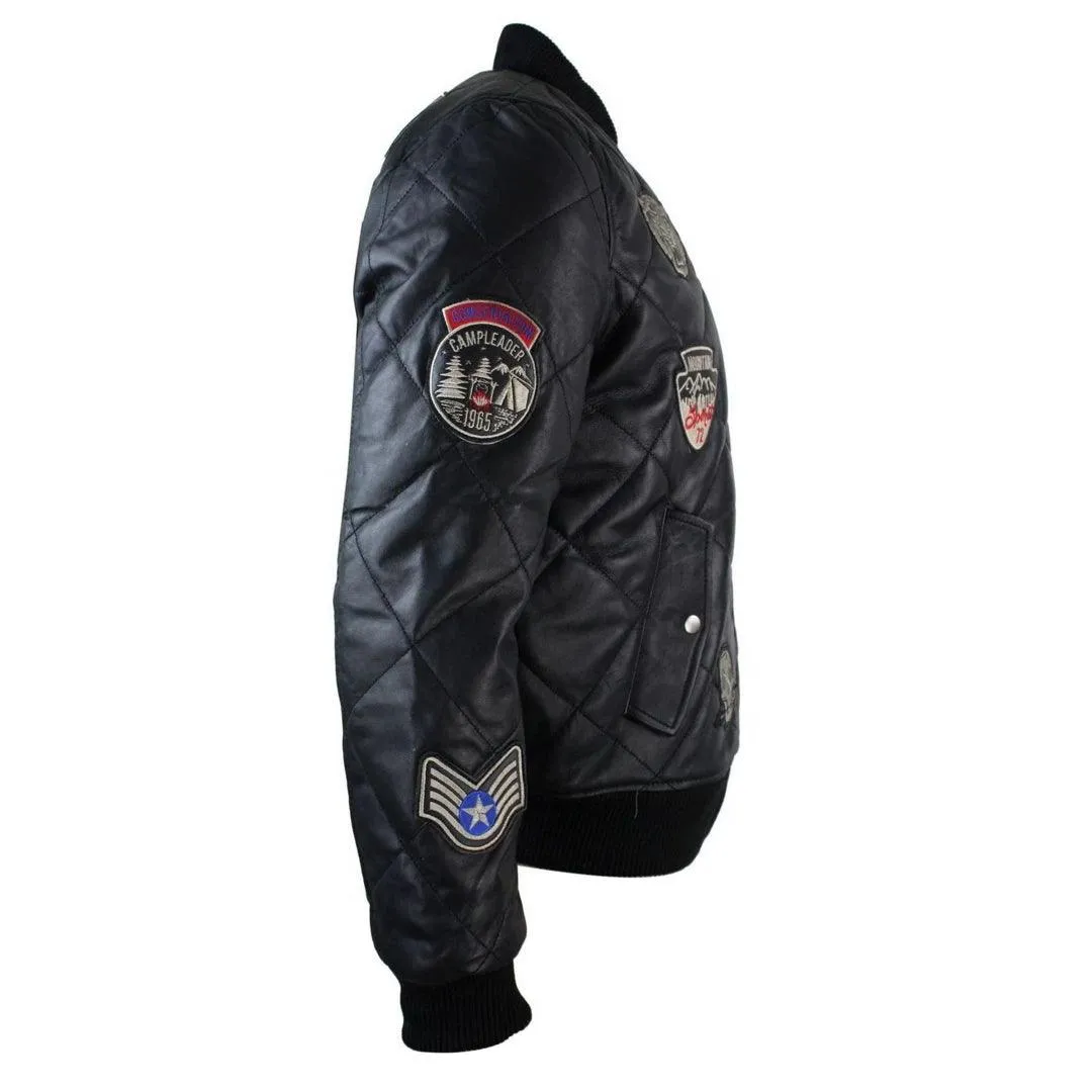 Mens Real Lether Quilted Puffer Varsity Baseball Bomber Letterman Jacket Badge