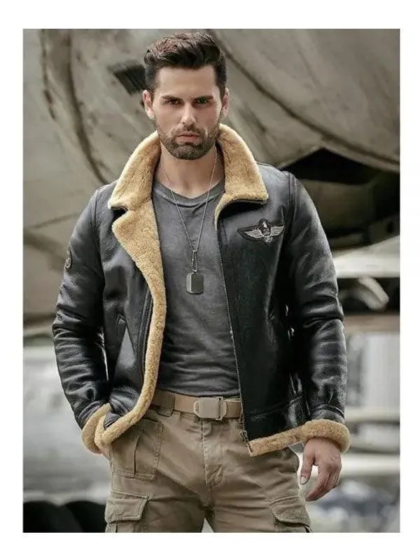 Men's Shearling Sheepskin Leather Motorcycle Bomber Jacket