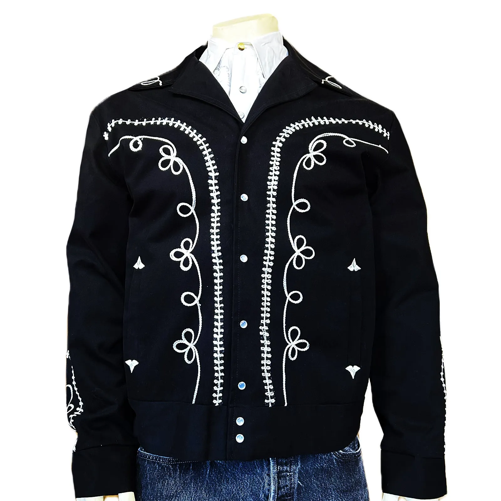 Men's Vintage Western Bolero Jacket with White Rope Embroidery