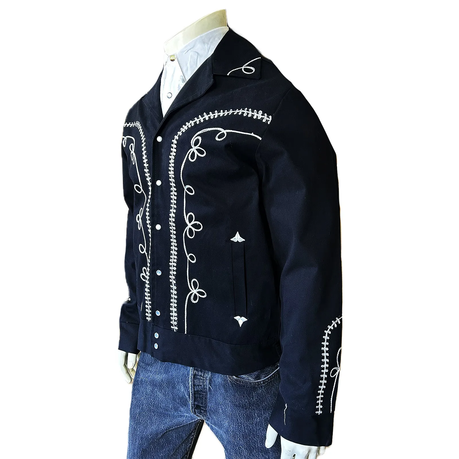 Men's Vintage Western Bolero Jacket with White Rope Embroidery