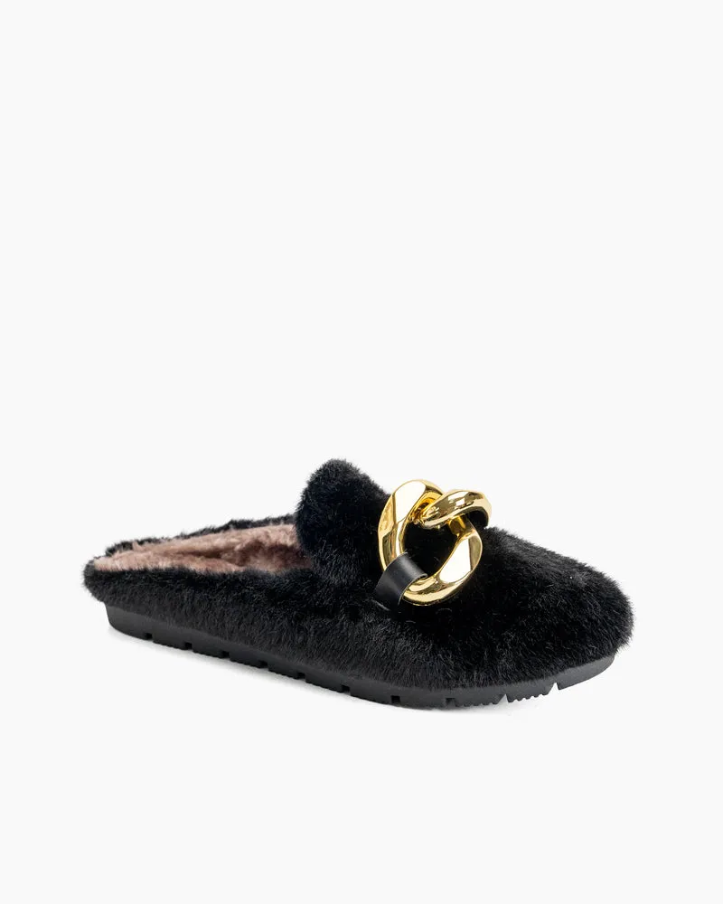 Metal Chain Fuzzy Backless Slip on Mules