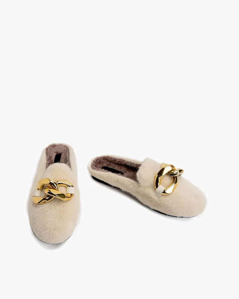 Metal Chain Fuzzy Backless Slip on Mules