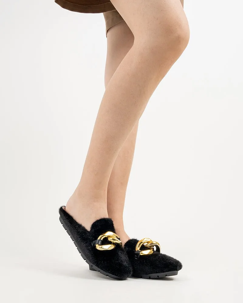 Metal Chain Fuzzy Backless Slip on Mules