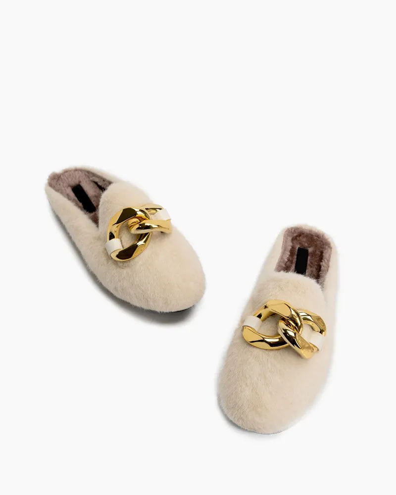 Metal Chain Fuzzy Backless Slip on Mules