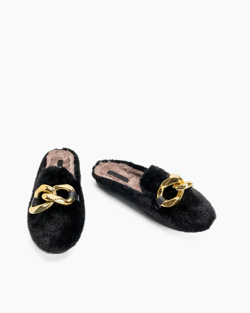 Metal Chain Fuzzy Backless Slip on Mules