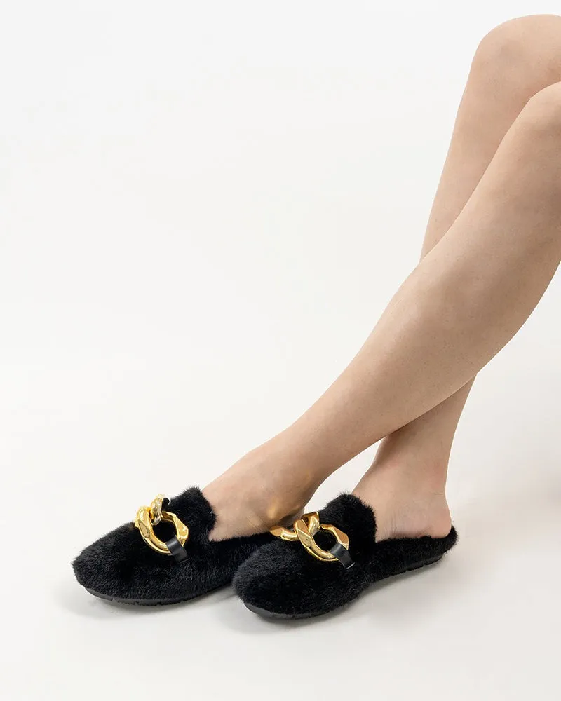 Metal Chain Fuzzy Backless Slip on Mules