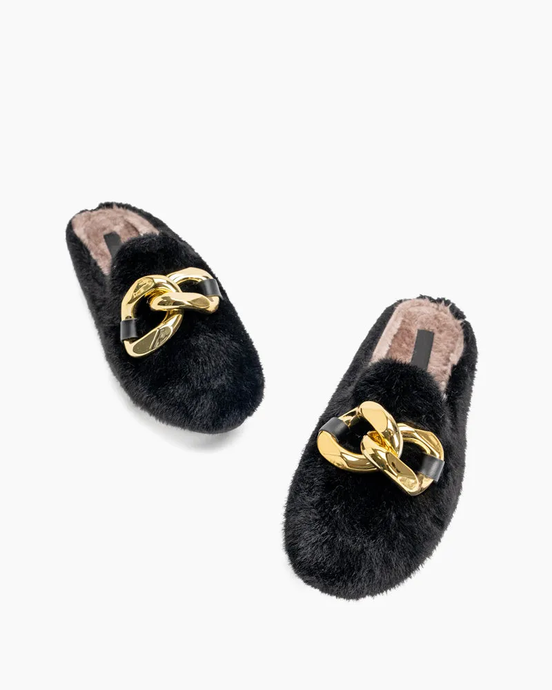 Metal Chain Fuzzy Backless Slip on Mules