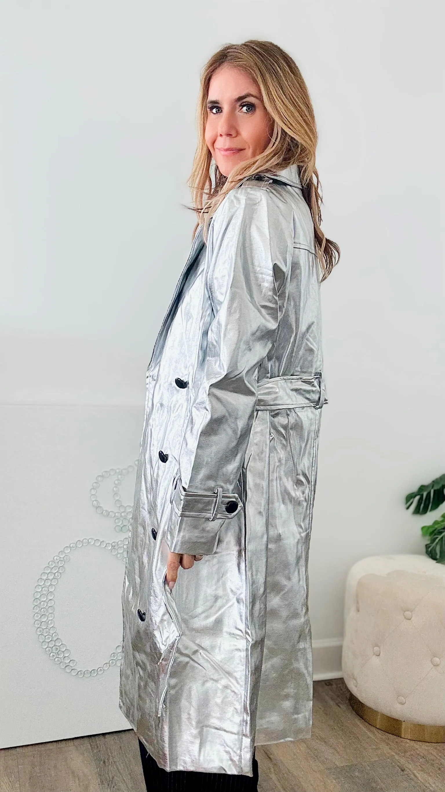 Metallic Trench Coat-Silver