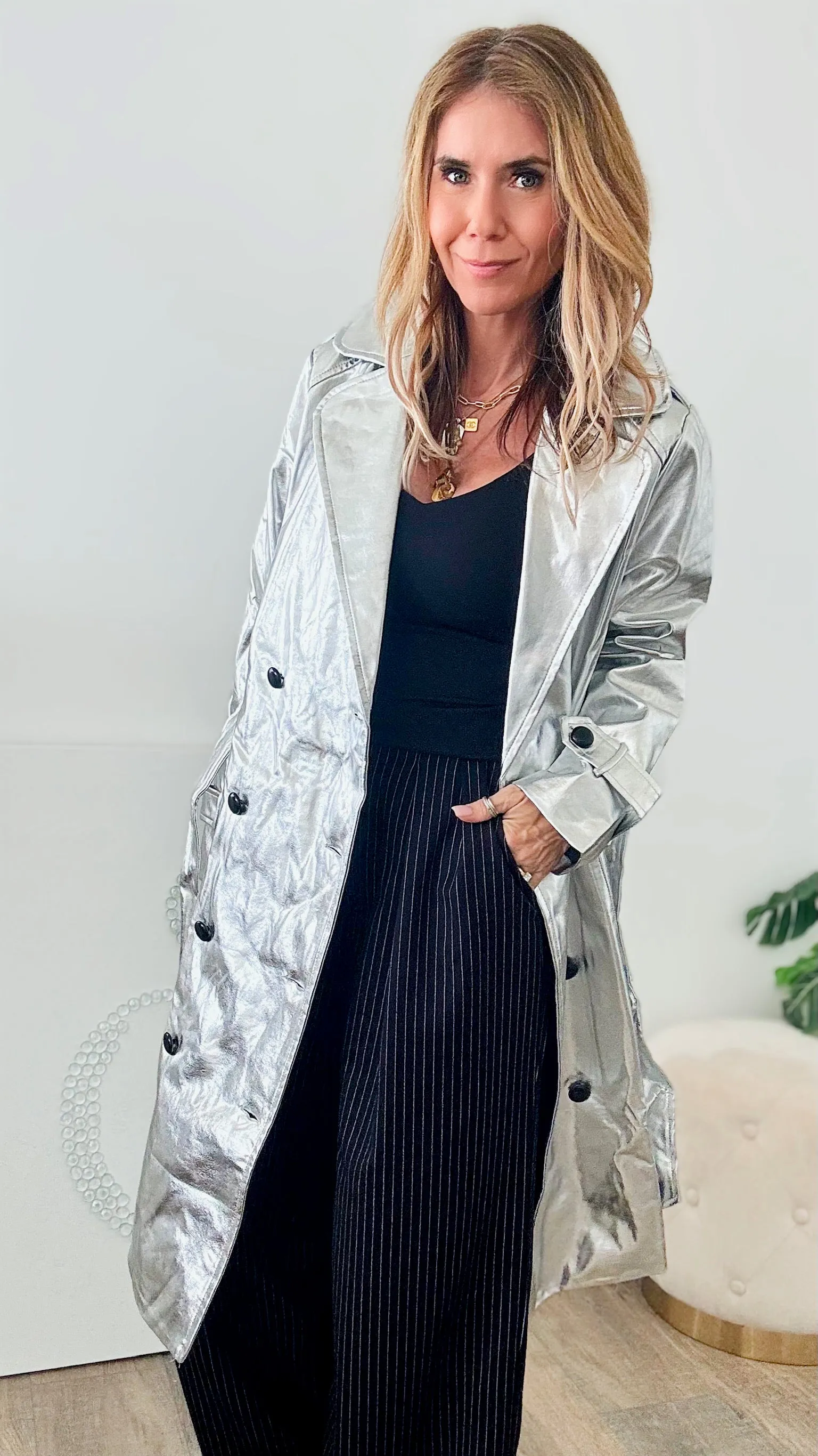 Metallic Trench Coat-Silver