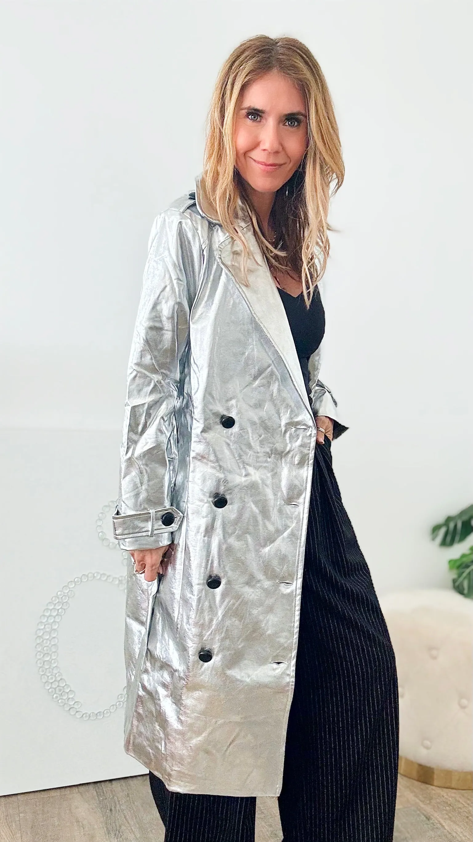 Metallic Trench Coat-Silver