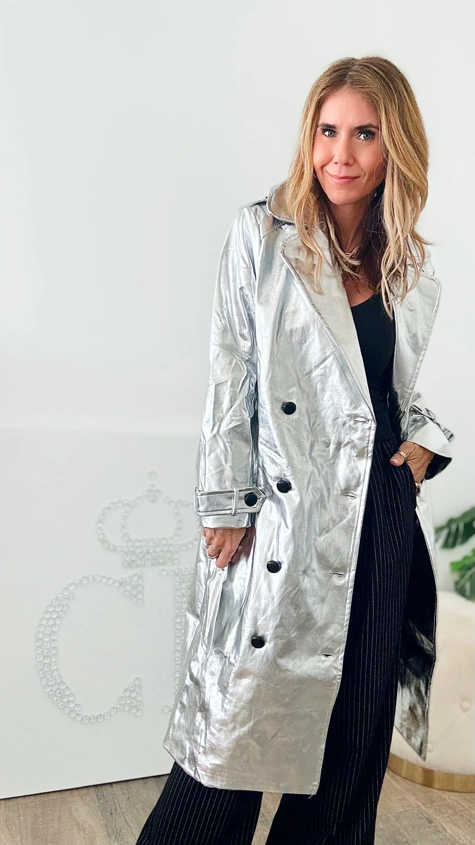 Metallic Trench Coat-Silver