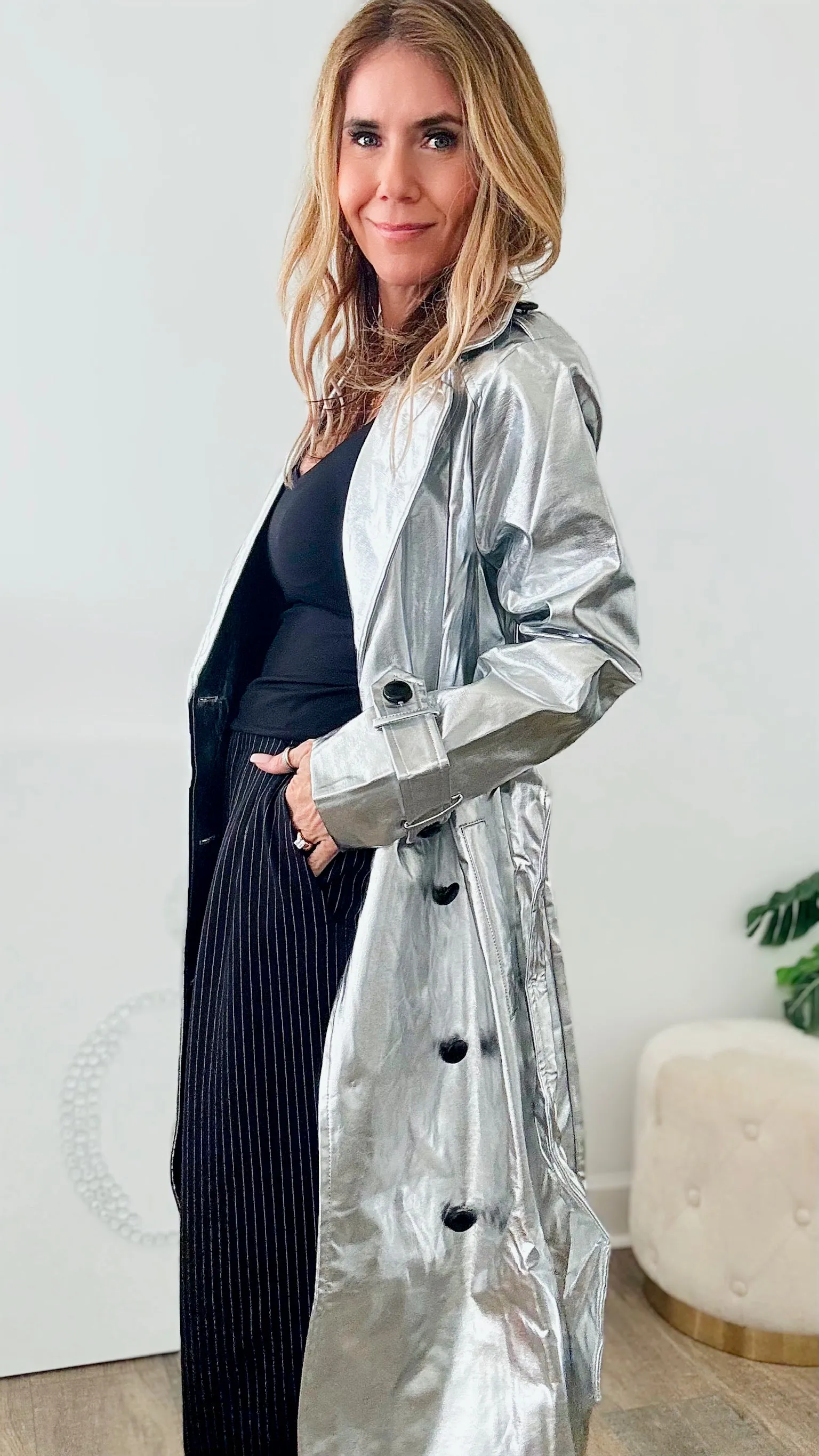 Metallic Trench Coat-Silver