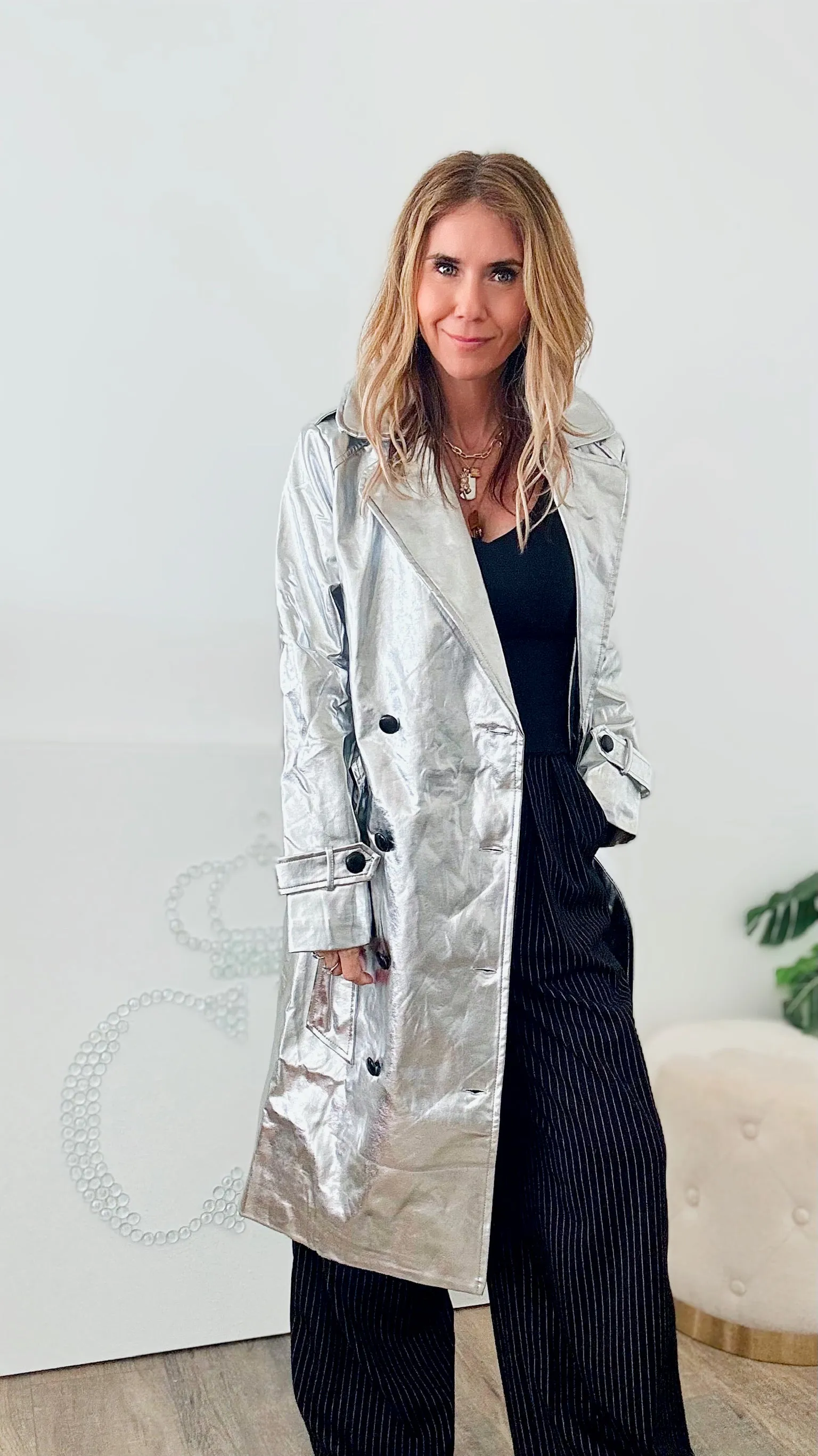 Metallic Trench Coat-Silver