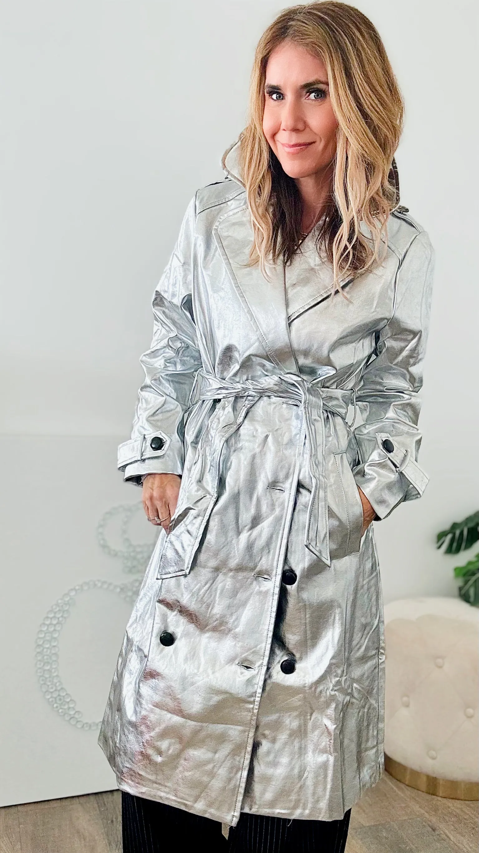 Metallic Trench Coat-Silver