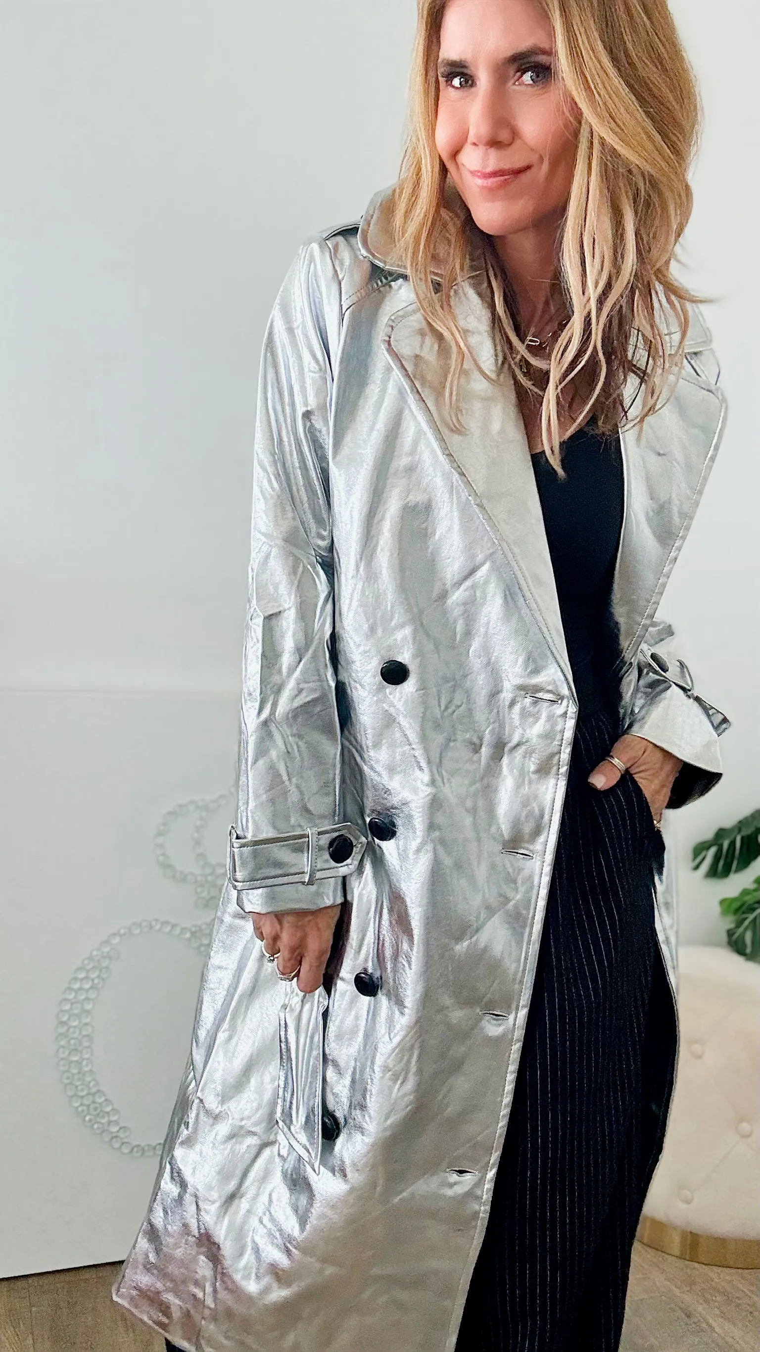 Metallic Trench Coat-Silver