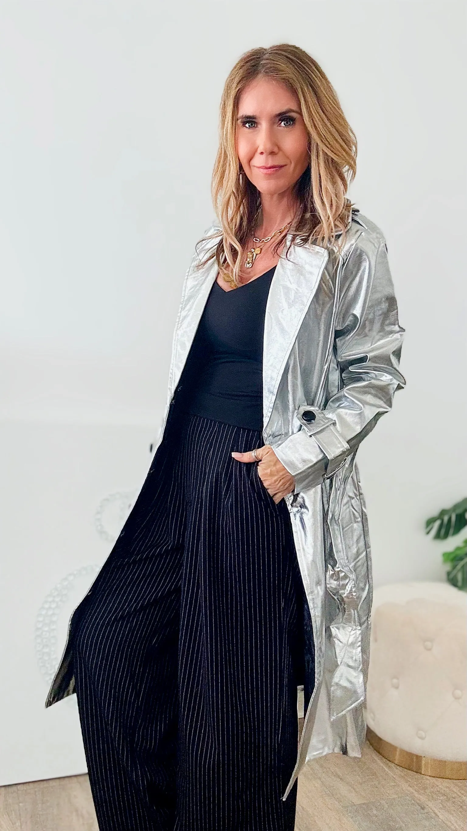 Metallic Trench Coat-Silver