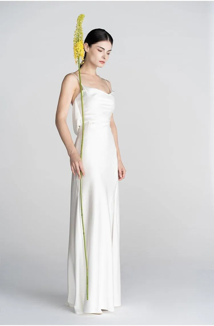 Minimalist classical French Elegant simple slip slit long wedding Bridal Dress - Bomi