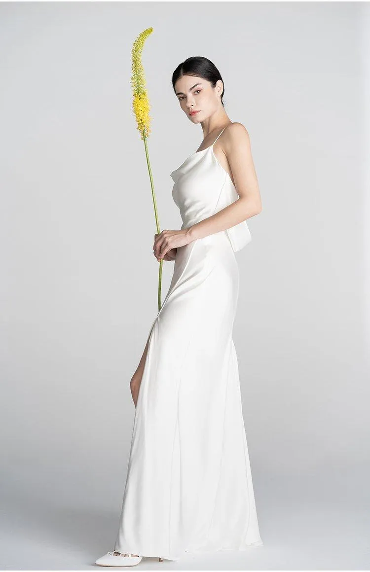 Minimalist classical French Elegant simple slip slit long wedding Bridal Dress - Bomi