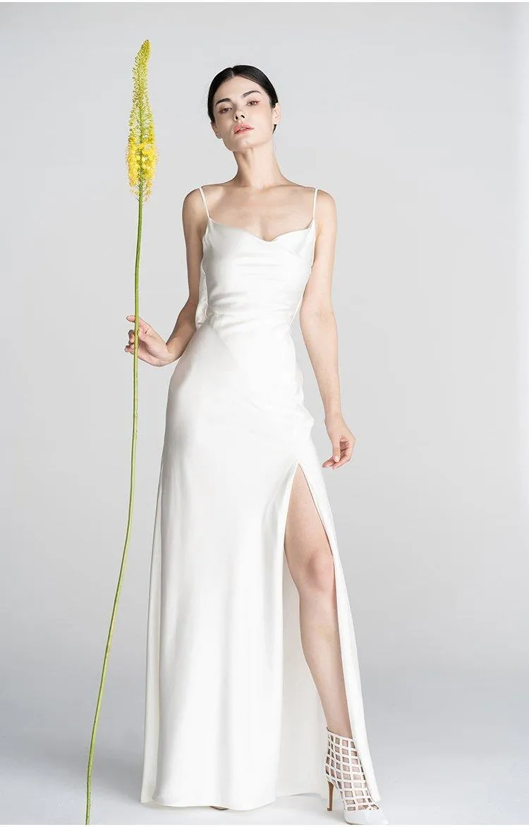 Minimalist classical French Elegant simple slip slit long wedding Bridal Dress - Bomi