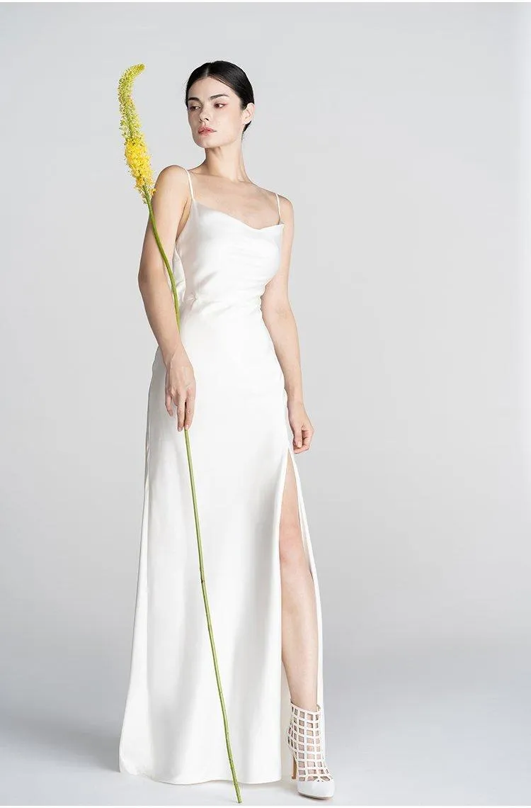 Minimalist classical French Elegant simple slip slit long wedding Bridal Dress - Bomi