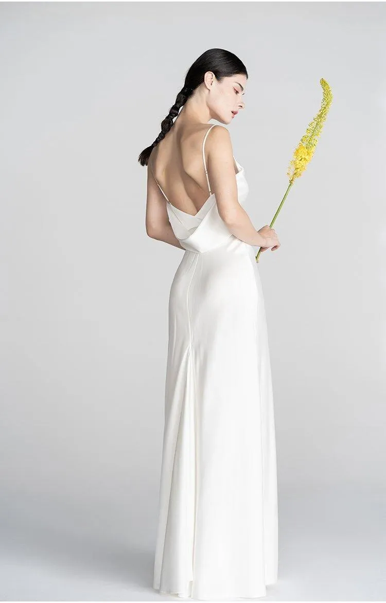 Minimalist classical French Elegant simple slip slit long wedding Bridal Dress - Bomi