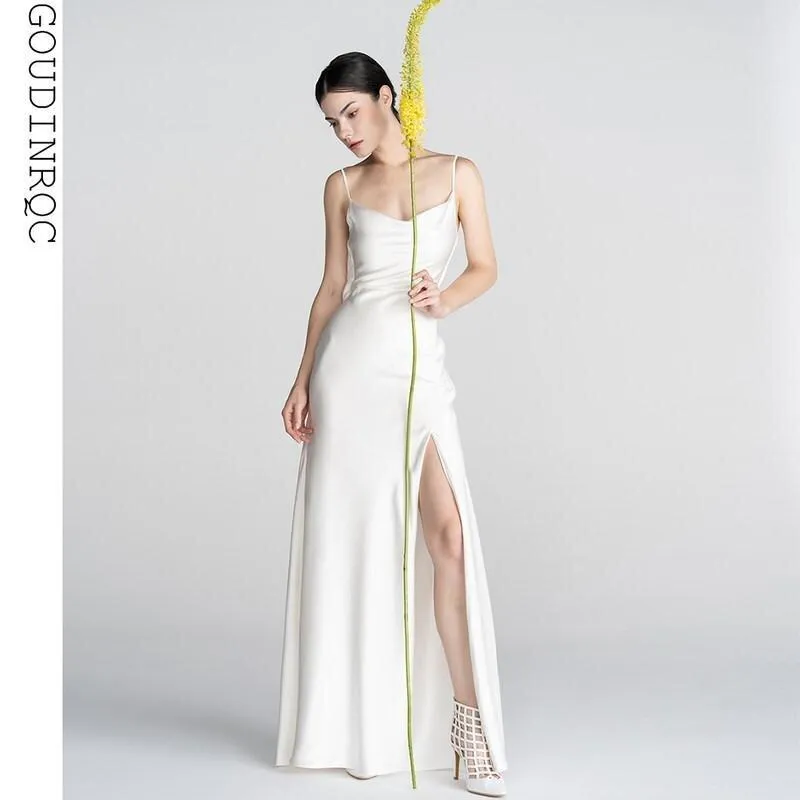 Minimalist classical French Elegant simple slip slit long wedding Bridal Dress - Bomi