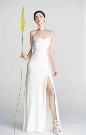 Minimalist classical French Elegant simple slip slit long wedding Bridal Dress - Bomi