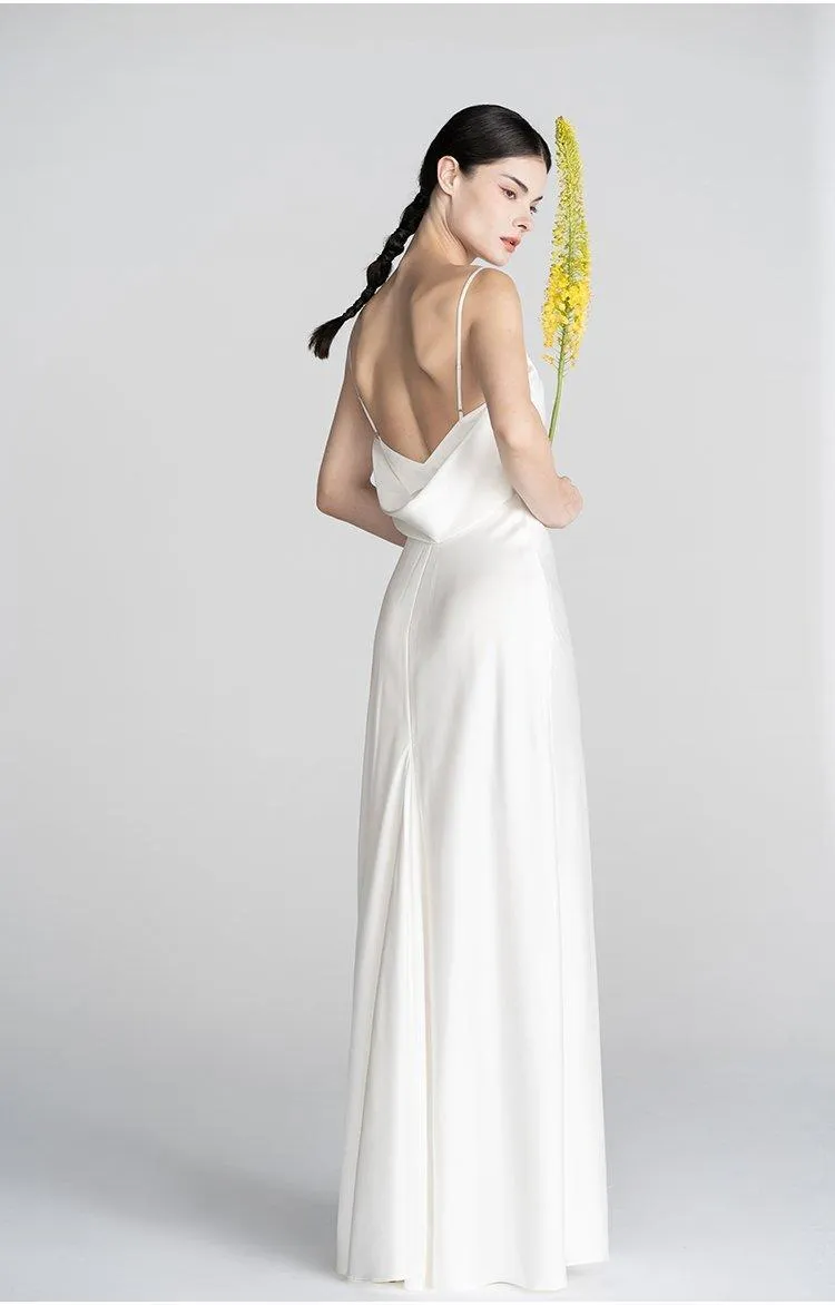 Minimalist classical French Elegant simple slip slit long wedding Bridal Dress - Bomi