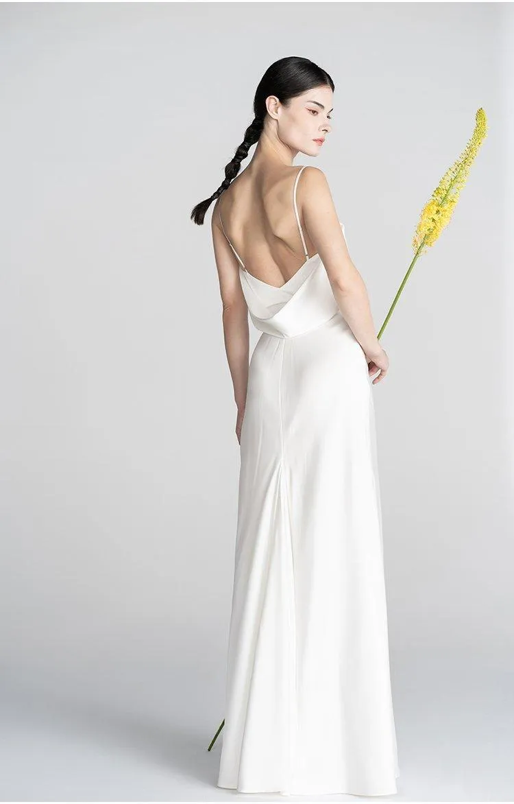 Minimalist classical French Elegant simple slip slit long wedding Bridal Dress - Bomi