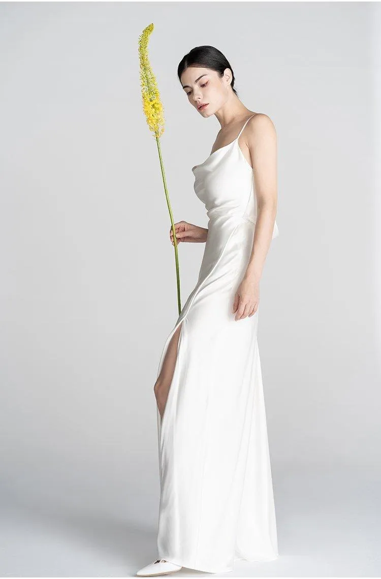 Minimalist classical French Elegant simple slip slit long wedding Bridal Dress - Bomi